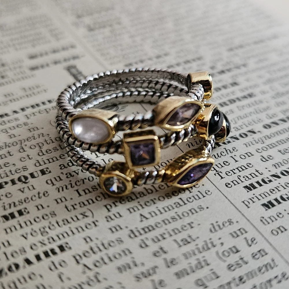Elegant Multi-Stone Gold and Silver Ring Set - Picture 2 of 5